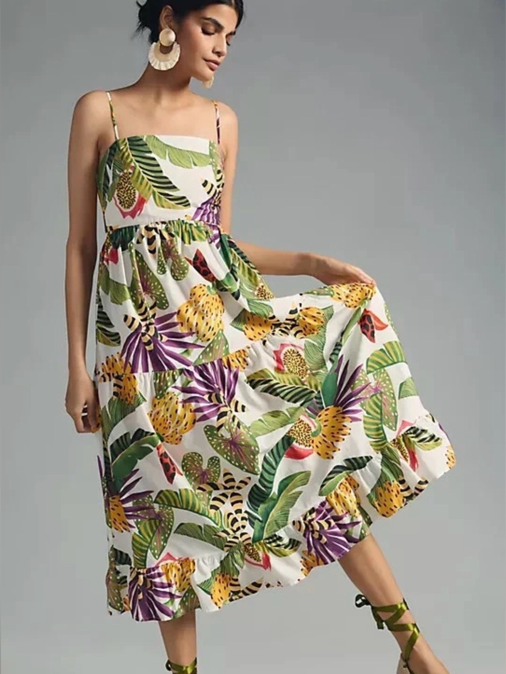 FARM Rio Tropical Floral Midi Dress in White, Green, Purple, Yellow